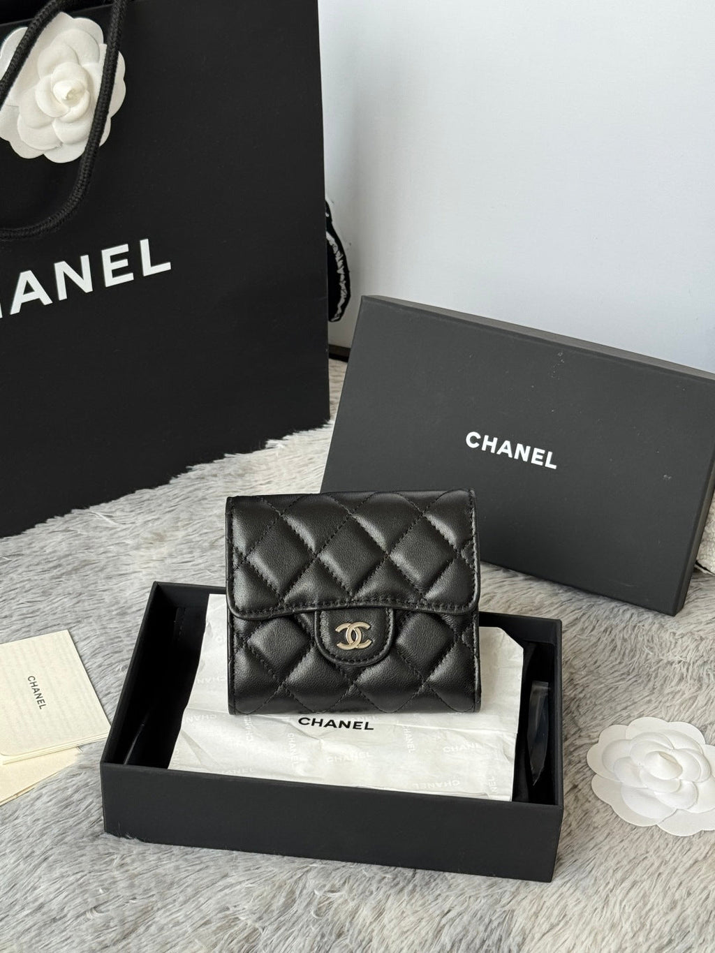 CHANEL 25S CF SMALL TRI FOLD WALLET 11 IN BLACK LAMBSKIN SILVER HARDWARE