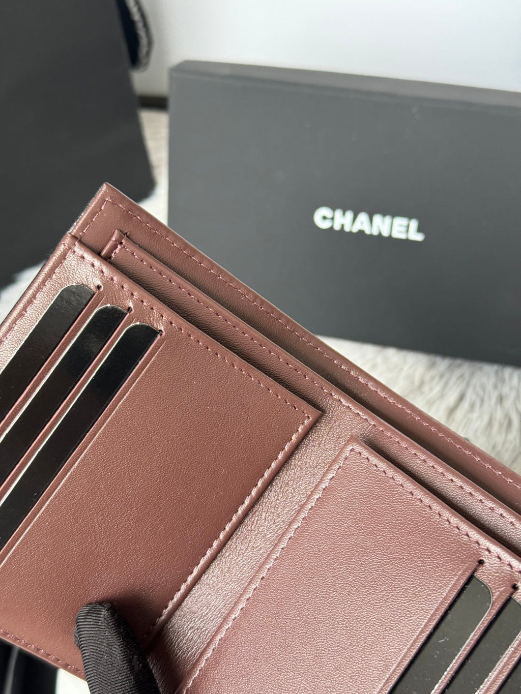 CHANEL 25S CF SMALL TRI FOLD WALLET 11 IN BLACK LAMBSKIN SILVER HARDWARE