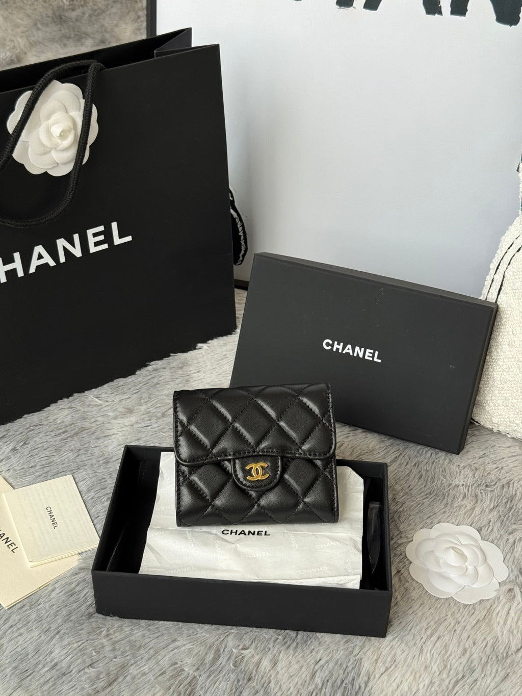 CHANEL 25S CF SMALL TRI FOLD WALLET 11 IN BLACK LAMBSKIN GOLD HARDWARE