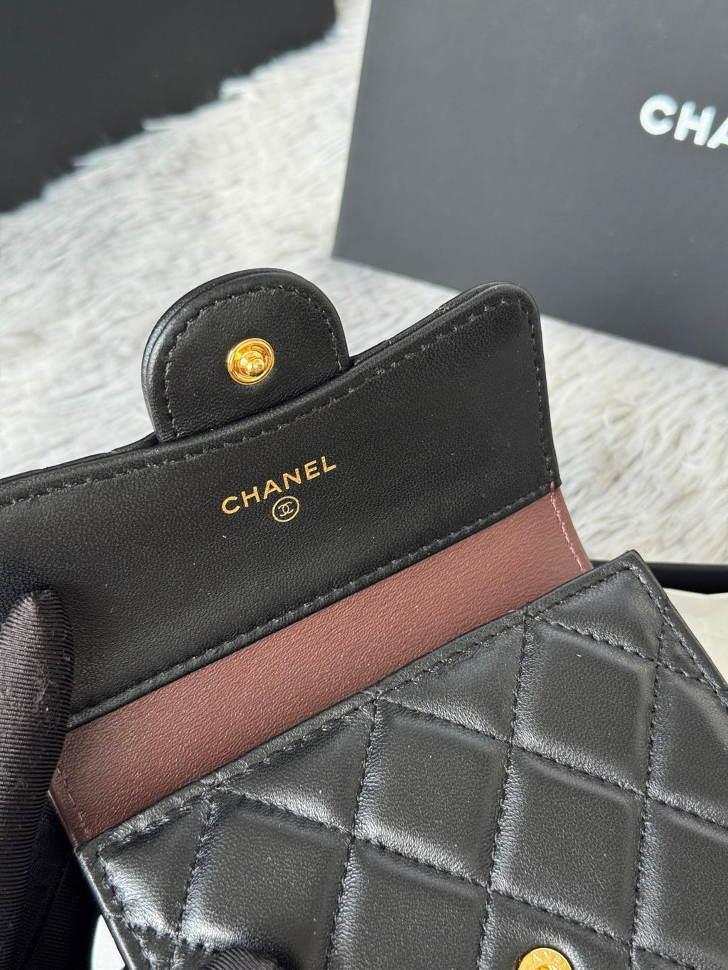 CHANEL 25S CF SMALL TRI FOLD WALLET 11 IN BLACK LAMBSKIN GOLD HARDWARE