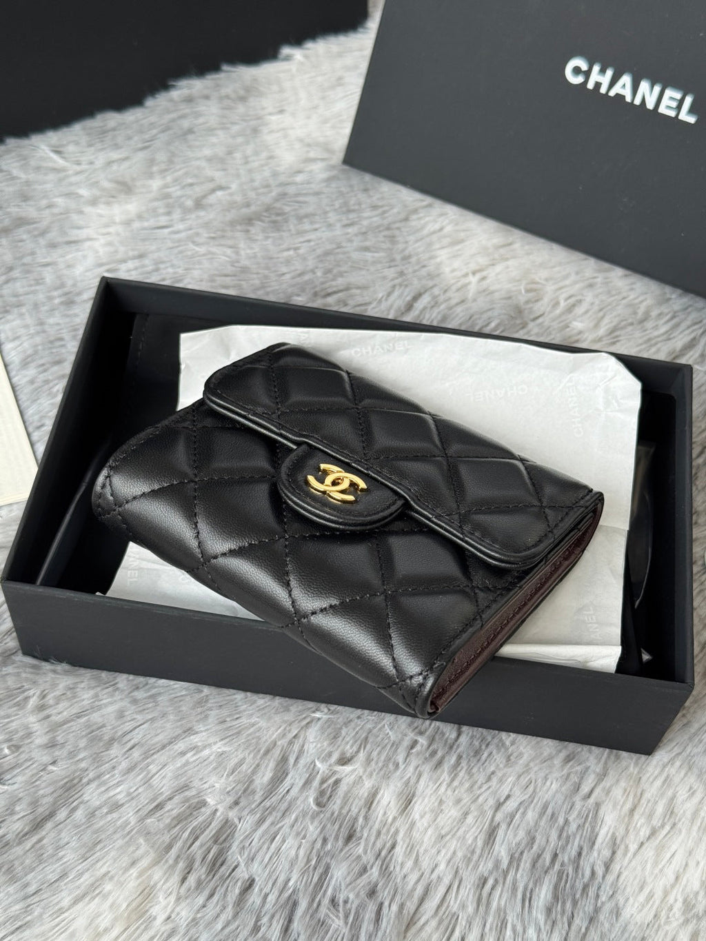 CHANEL 25S CF SMALL TRI FOLD WALLET 11 IN BLACK LAMBSKIN GOLD HARDWARE
