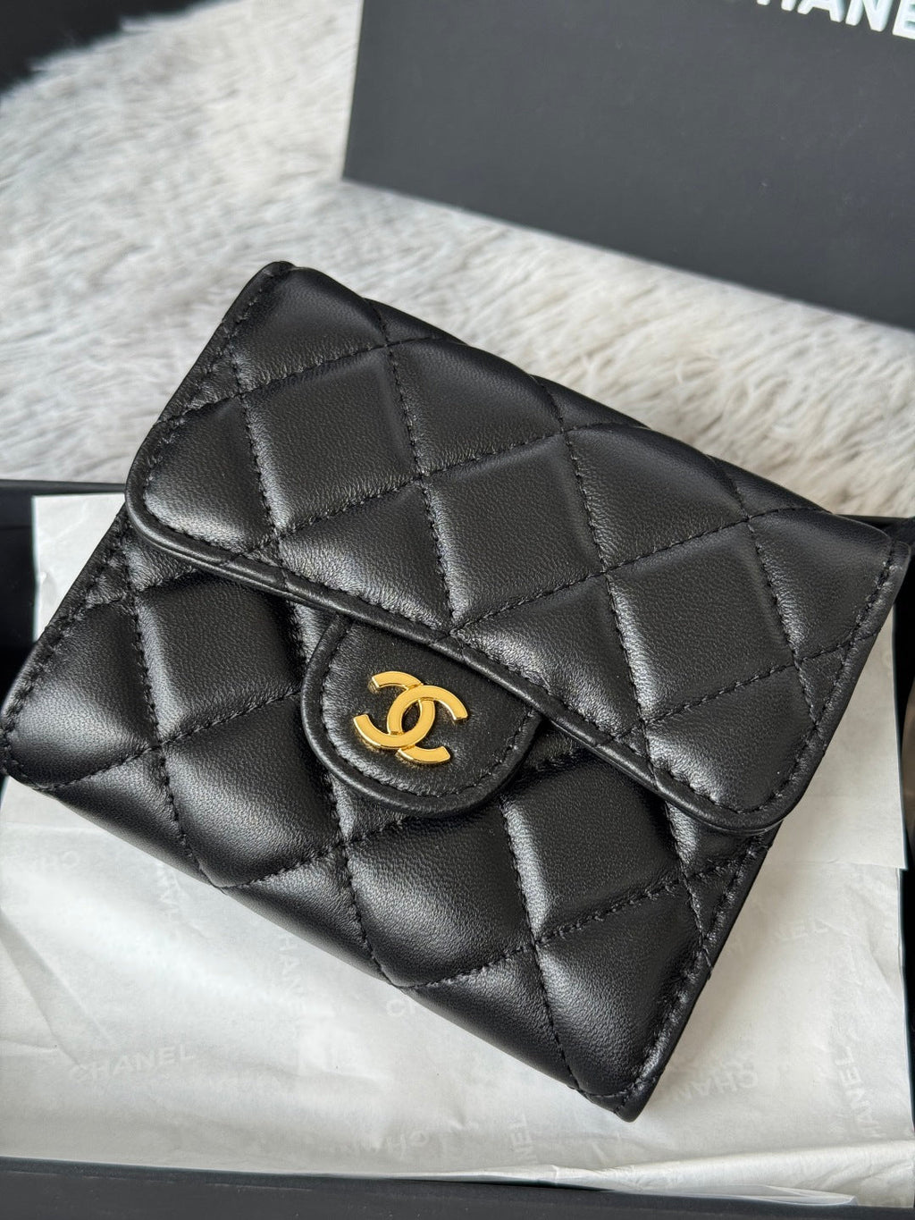 CHANEL 25S CF SMALL TRI FOLD WALLET 11 IN BLACK LAMBSKIN GOLD HARDWARE