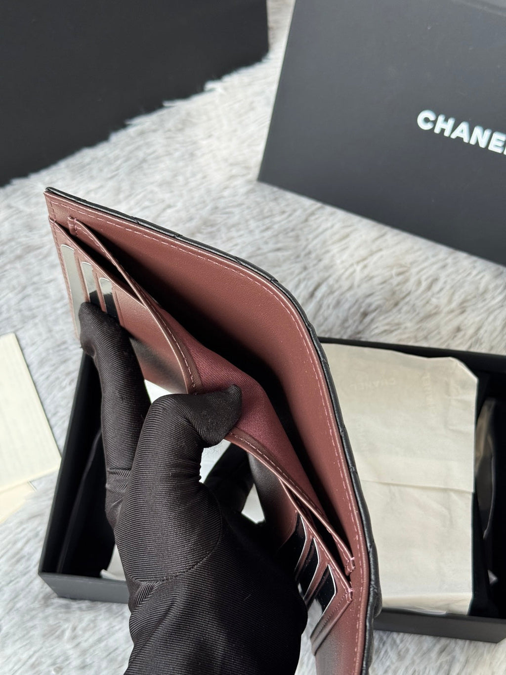 CHANEL 25S CF SMALL TRI FOLD WALLET 11 IN BLACK LAMBSKIN GOLD HARDWARE
