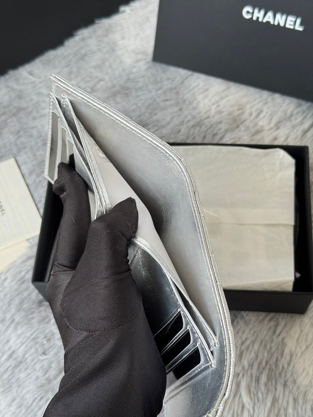 CHANEL 25S CF SMALL TRI FOLD WALLET 11 IN SILVER CAVIAR GOLD HARDWARE