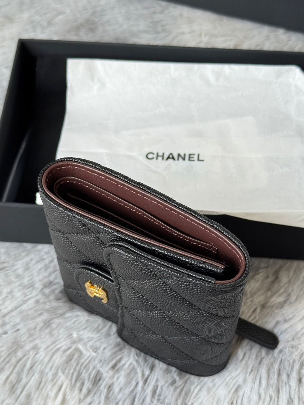 CHANEL 25S CF SMALL TRI FOLD WALLET 11 IN BLACK CAVIAR GOLD HARDWARE