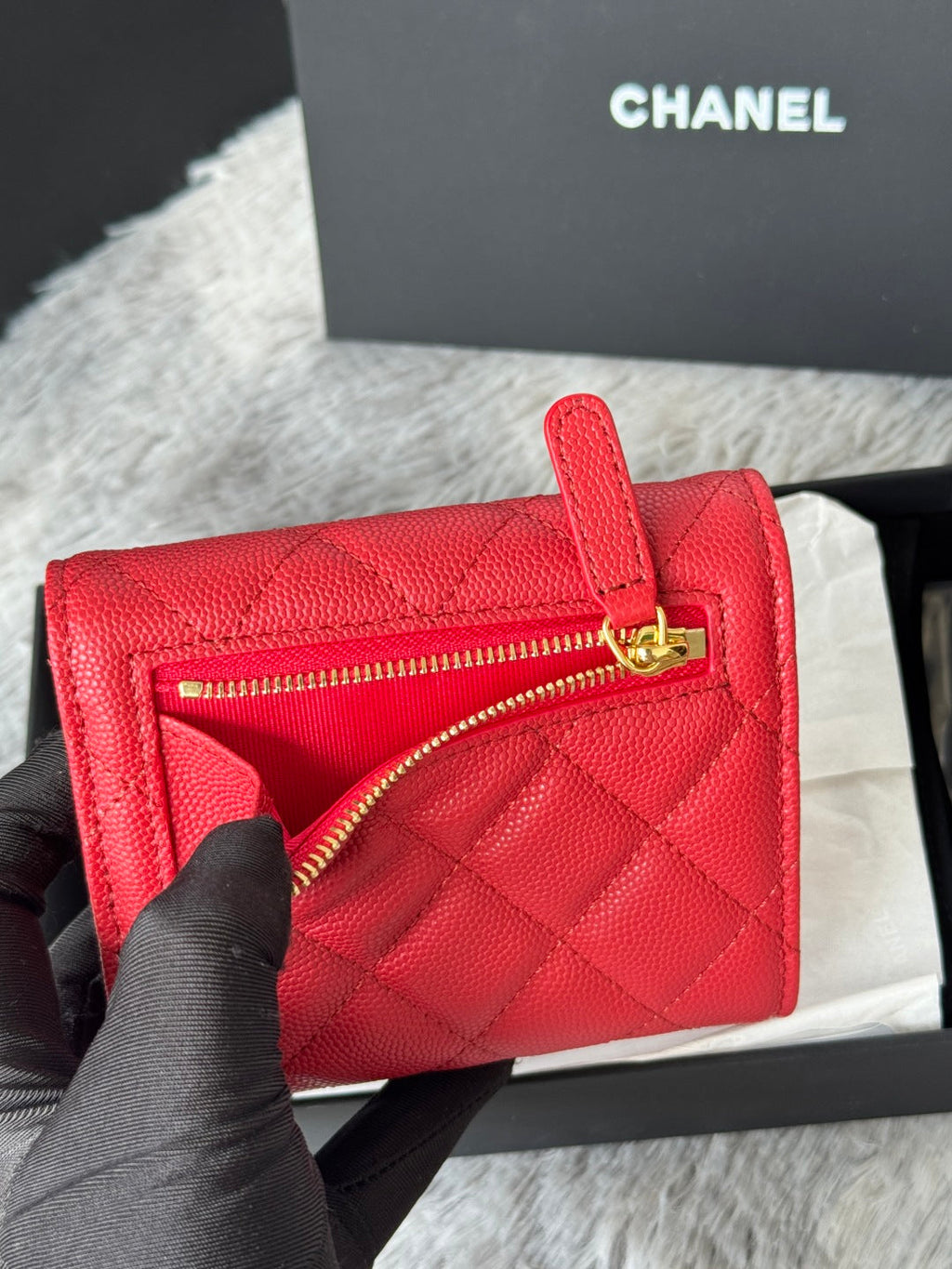 CHANEL 25S CF SMALL TRI FOLD WALLET 11 IN VIVID RED CAVIAR GOLD HARDWARE