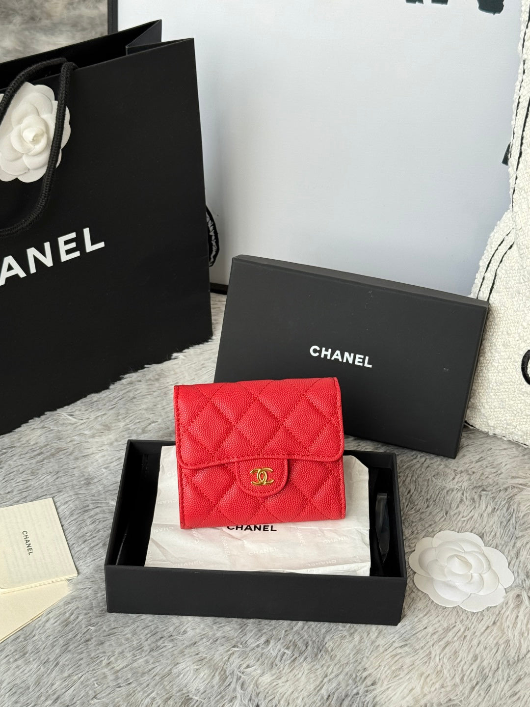CHANEL 25S CF SMALL TRI FOLD WALLET 11 IN VIVID RED CAVIAR GOLD HARDWARE