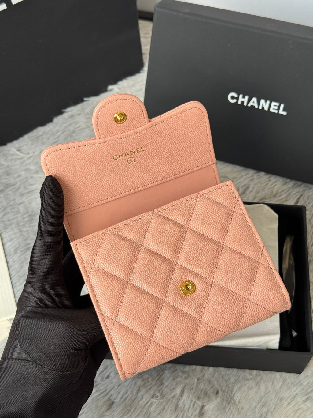 CHANEL 25S CF SMALL TRI FOLD WALLET 11 IN PEACH PINK CAVIAR GOLD HARDWARE