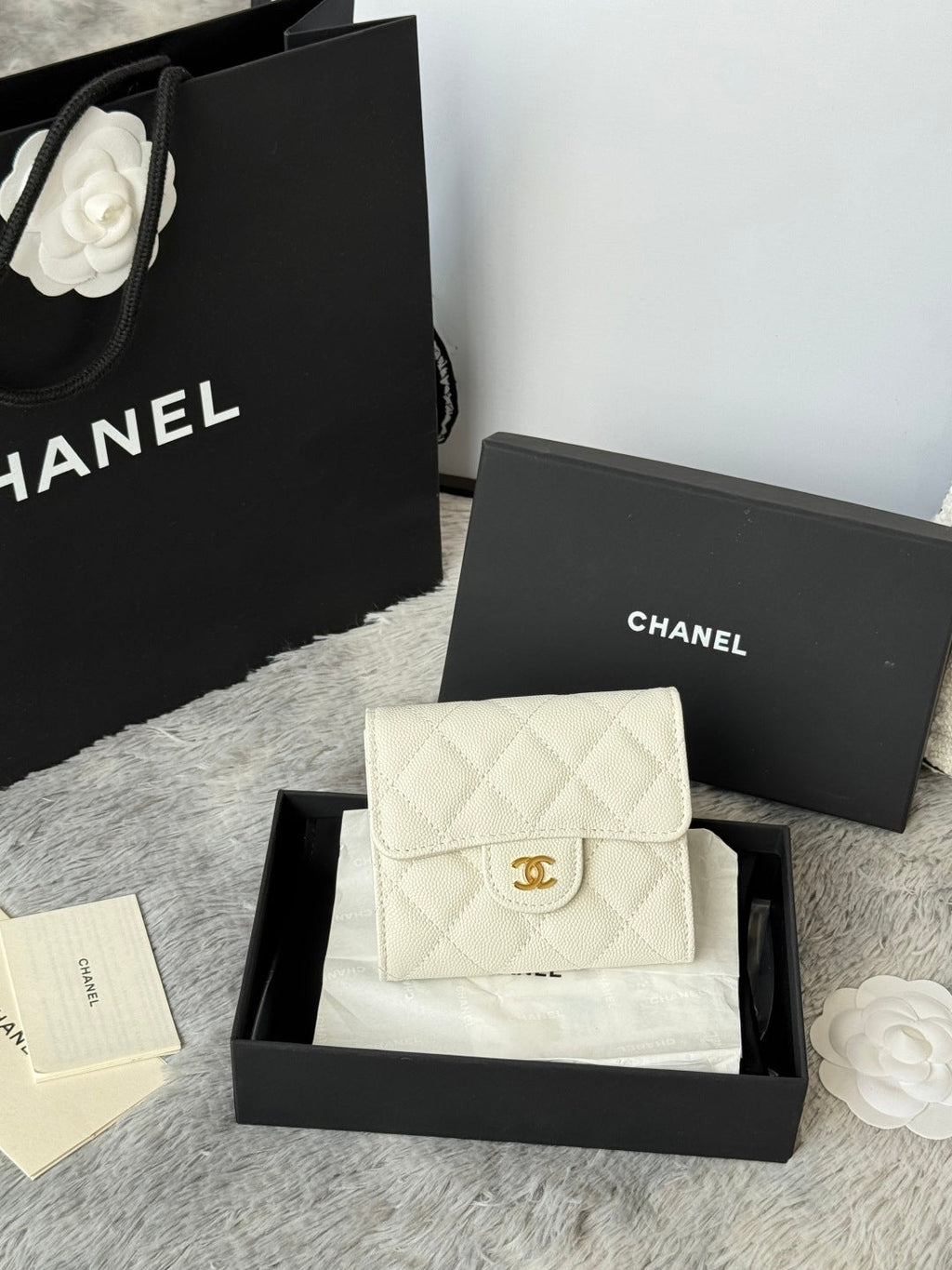 CHANEL 25S CF SMALL TRI FOLD WALLET 11 IN IVORY CAVIAR GOLD HARDWARE