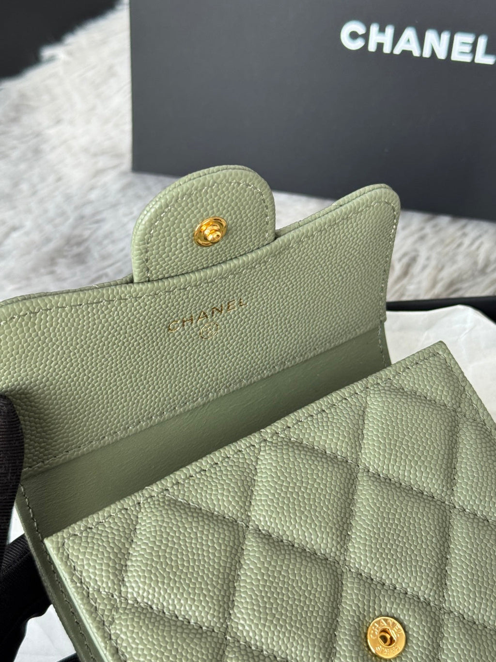 CHANEL 25S CF SMALL TRI FOLD WALLET 11 IN MOSS GREEN CAVIAR GOLD HARDWARE
