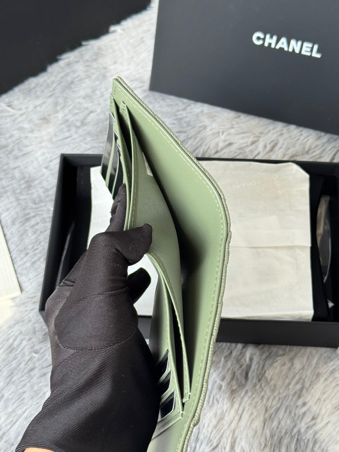 CHANEL 25S CF SMALL TRI FOLD WALLET 11 IN MOSS GREEN CAVIAR GOLD HARDWARE