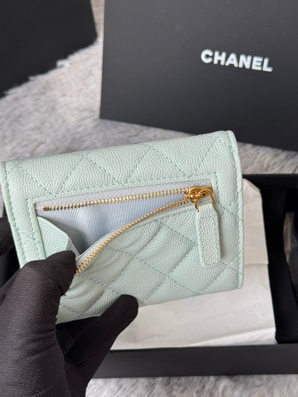 CHANEL 25S CF SMALL TRI FOLD WALLET 11 IN SOFT MINT CAVIAR GOLD HARDWARE
