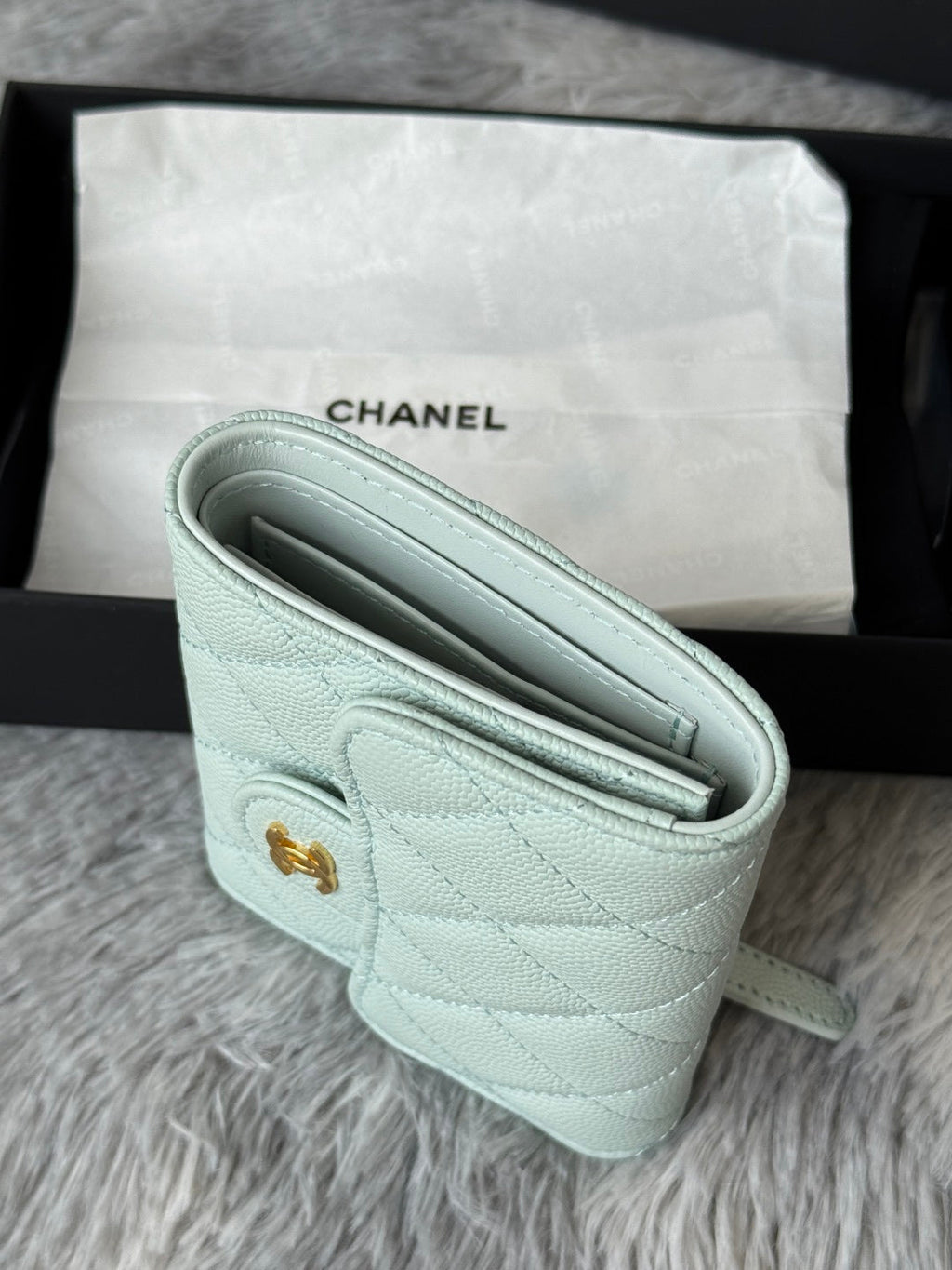 CHANEL 25S CF SMALL TRI FOLD WALLET 11 IN SOFT MINT CAVIAR GOLD HARDWARE