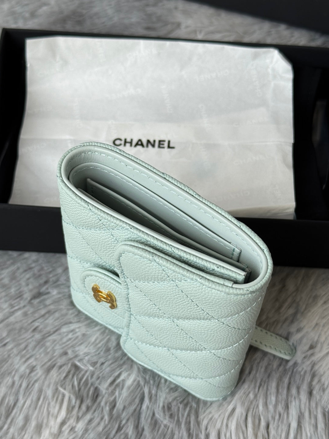 CHANEL 25S CF SMALL TRI FOLD WALLET 11 IN SOFT MINT CAVIAR GOLD HARDWARE