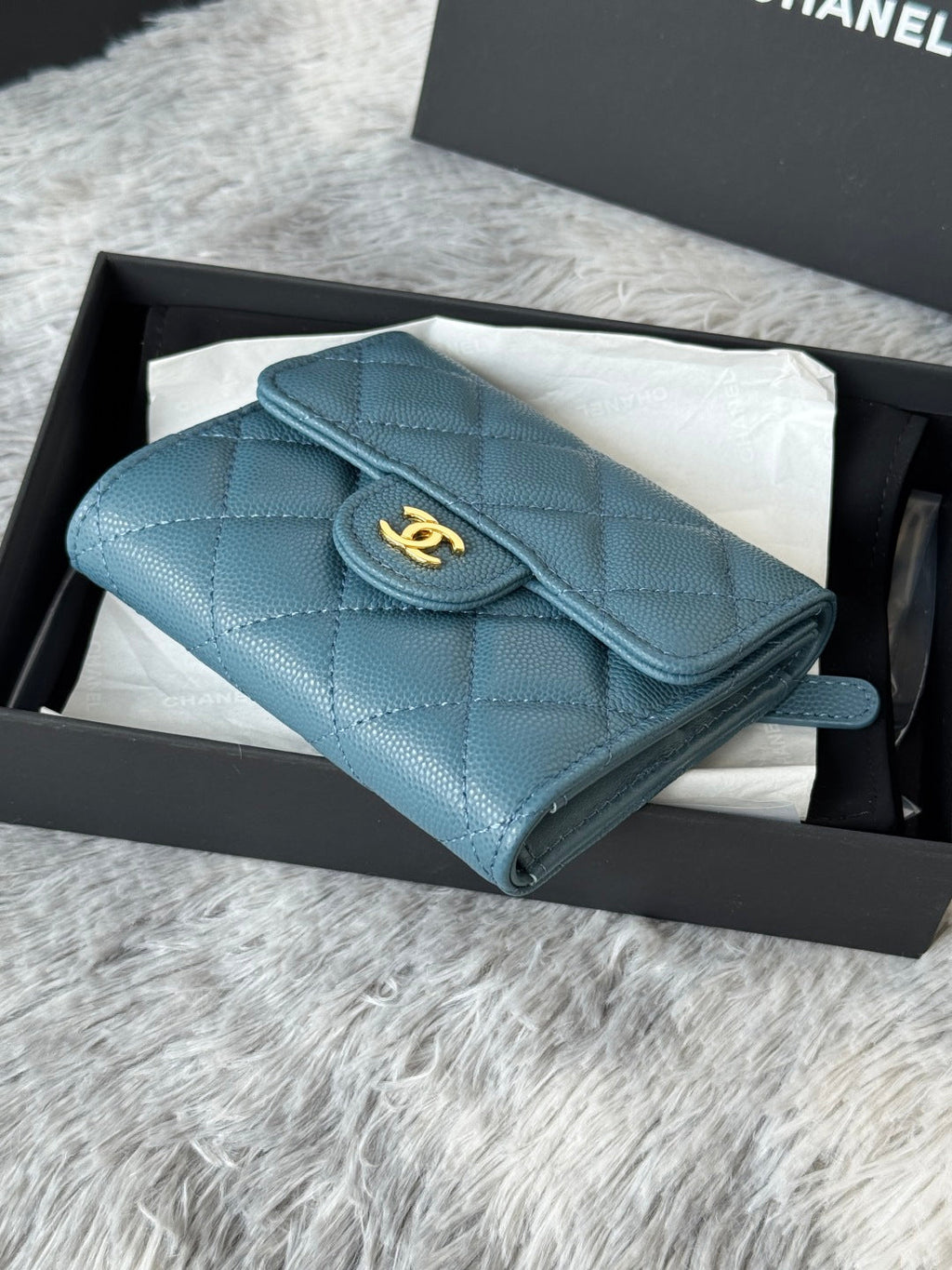 CHANEL 25S CF SMALL TRI FOLD WALLET 11 IN SLATE BLUE CAVIAR GOLD HARDWARE