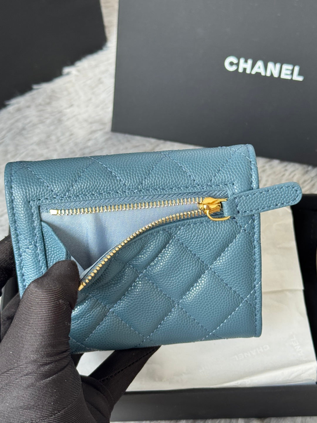 CHANEL 25S CF SMALL TRI FOLD WALLET 11 IN SLATE BLUE CAVIAR GOLD HARDWARE