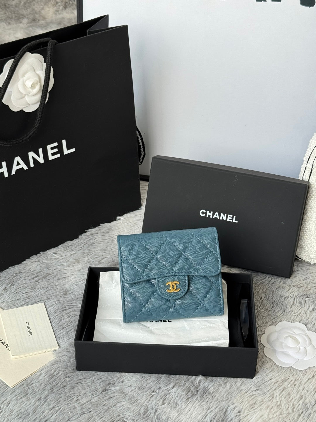 CHANEL 25S CF SMALL TRI FOLD WALLET 11 IN SLATE BLUE CAVIAR GOLD HARDWARE