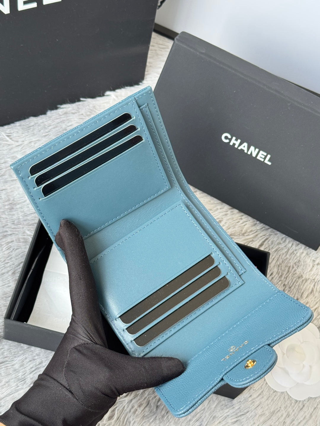 CHANEL 25S CF SMALL TRI FOLD WALLET 11 IN SLATE BLUE CAVIAR GOLD HARDWARE