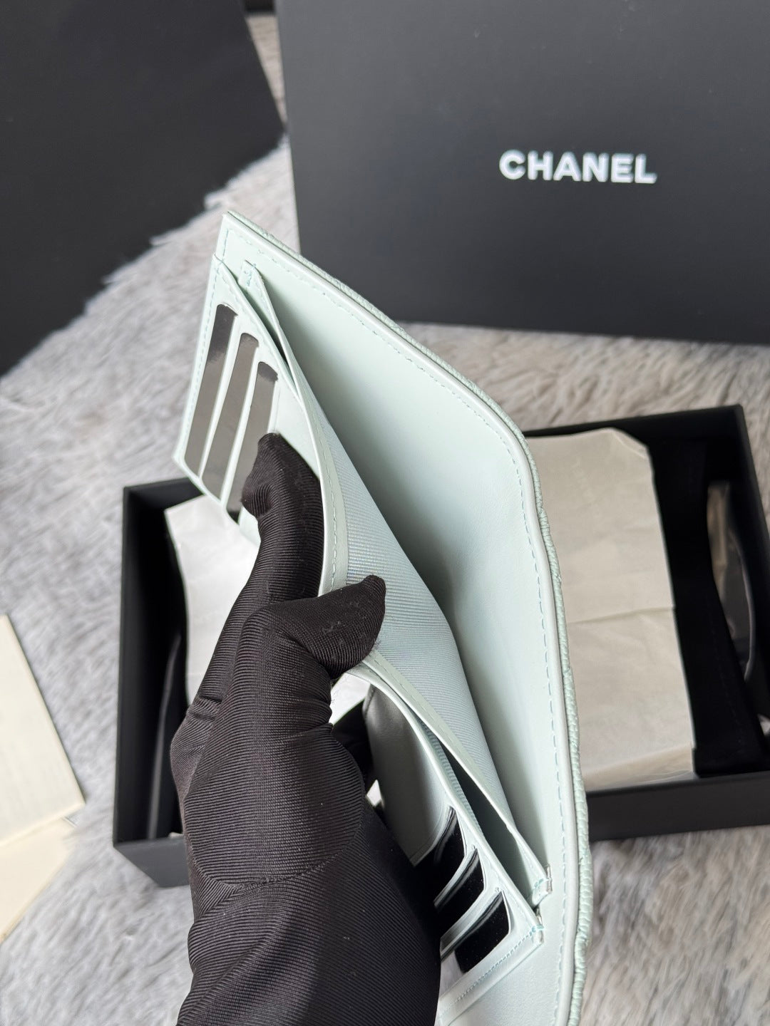 CHANEL 25S CF SMALL TRI FOLD WALLET 11 IN SOFT MINT CAVIAR GOLD HARDWARE