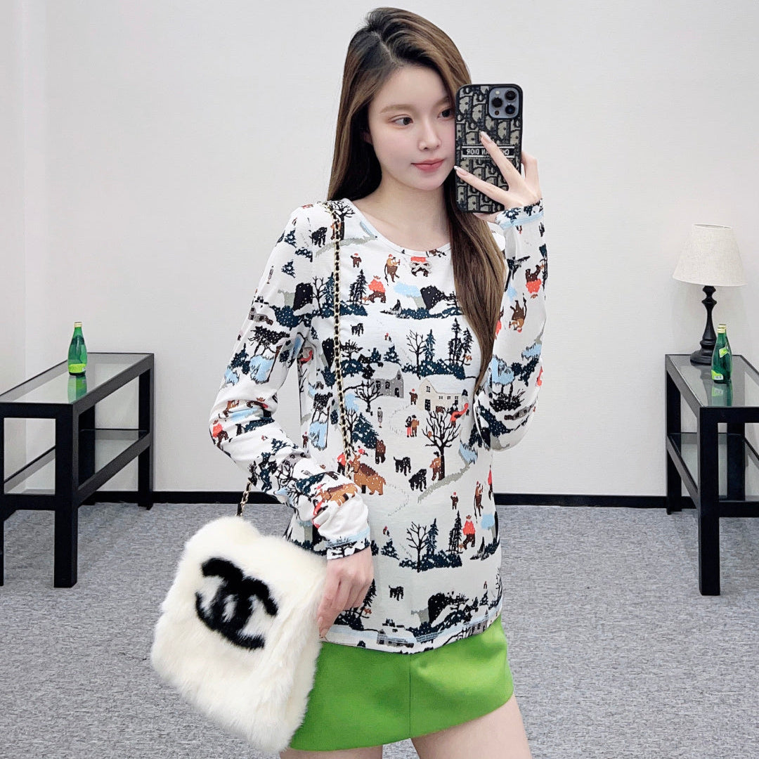 CHANEL 25S PRINTED ROUND-NECK T-SHIRT 605