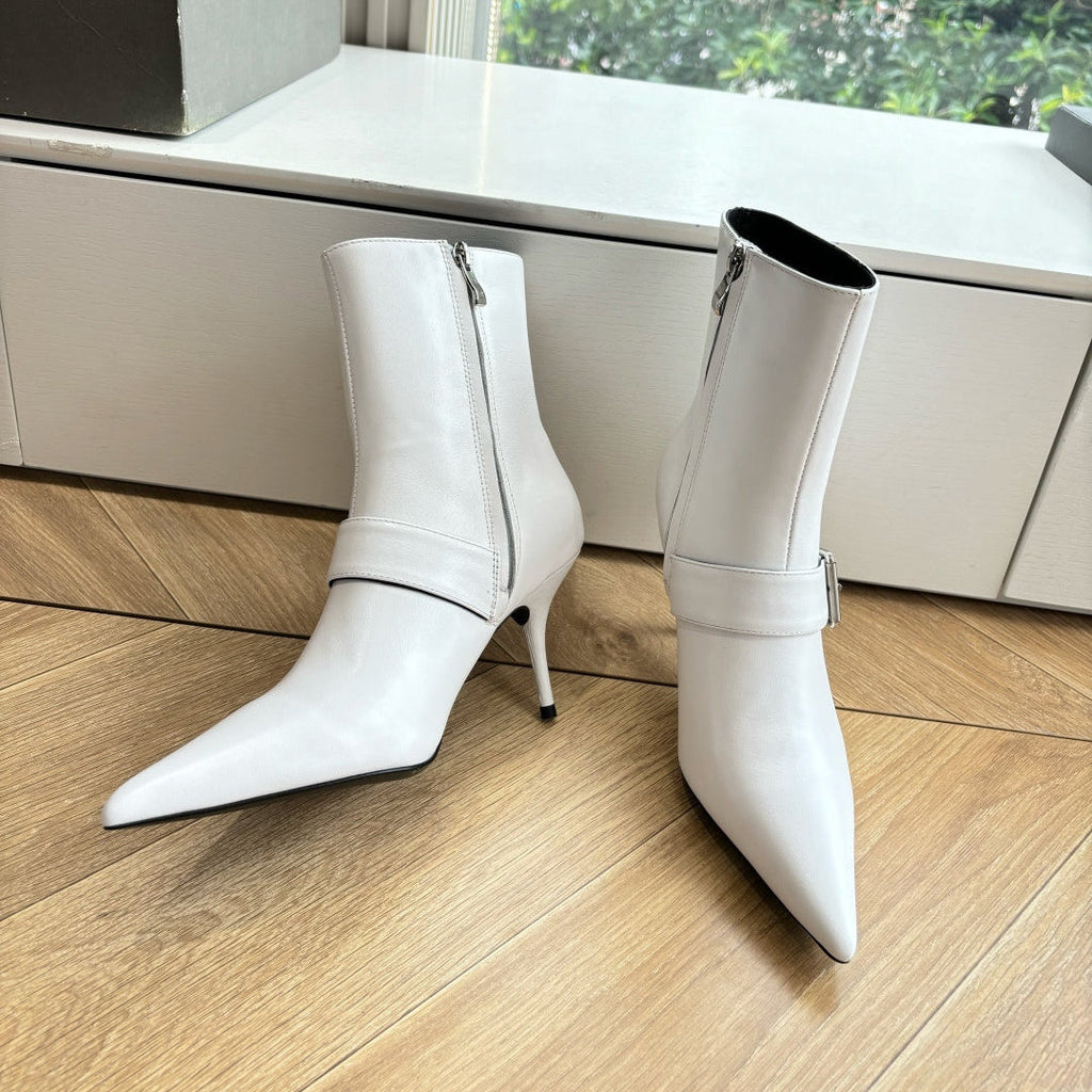 BALENCIAGA 25S ANKLE BOOTS WITH ZIPPER IN WHITE COW LEATHER SILVER HARDWARE