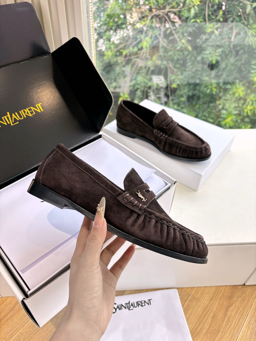 YSL 25S LOAFERS IN DARK BROWN SUEDE