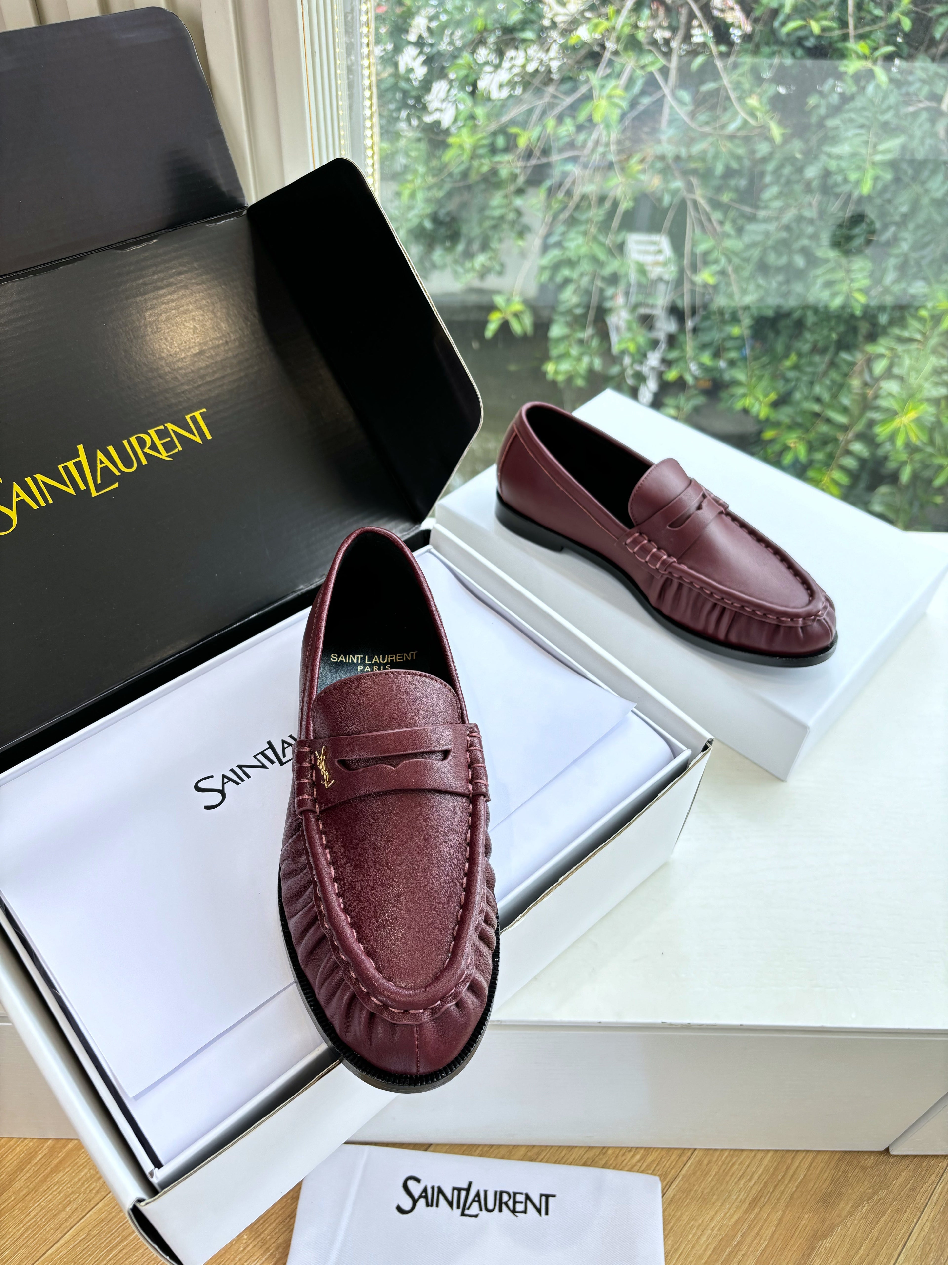 YSL 25S LOAFERS IN DARK RED LAMBSKIN