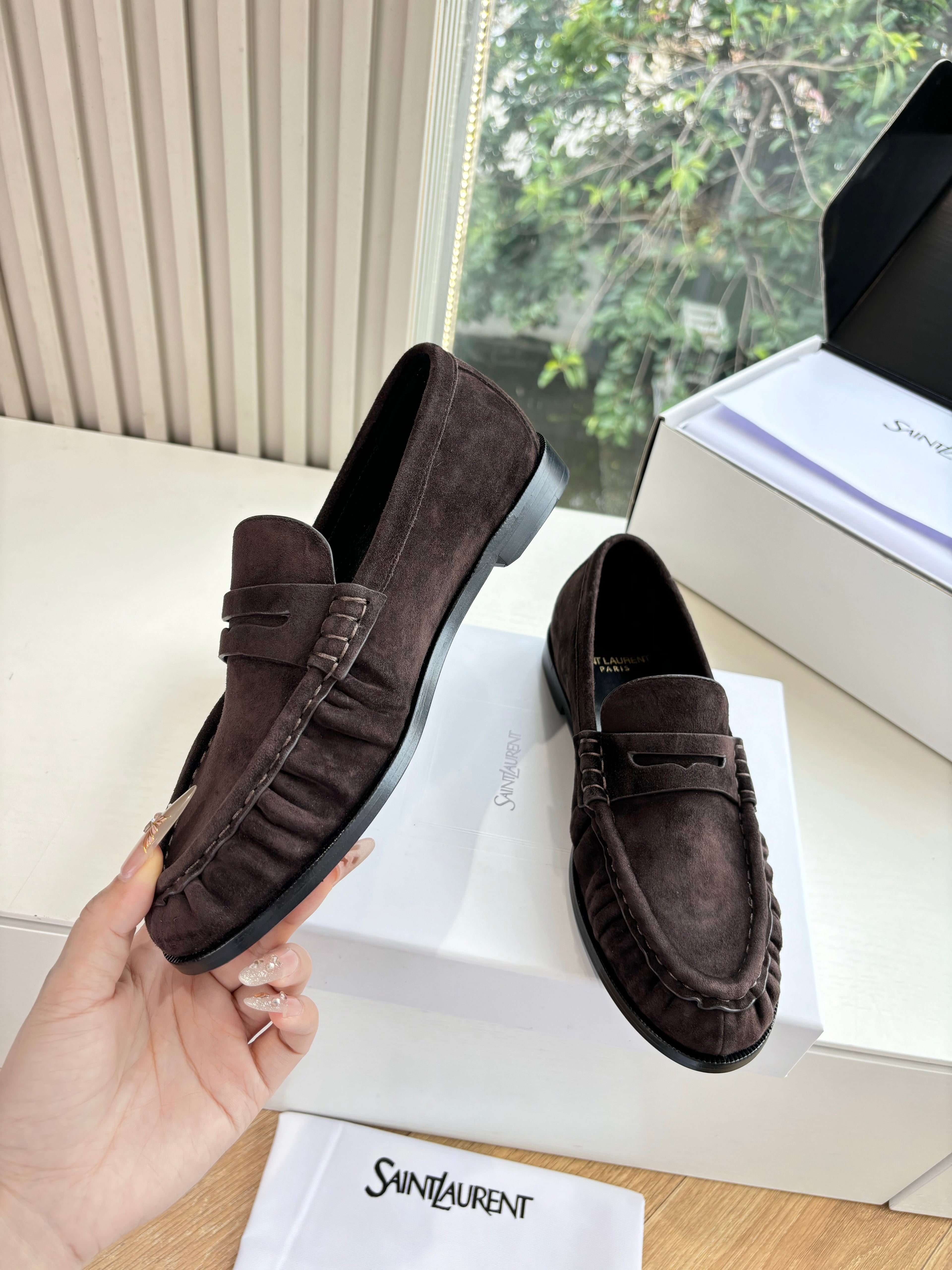 YSL 25S LOAFERS IN DARK BROWN SUEDE