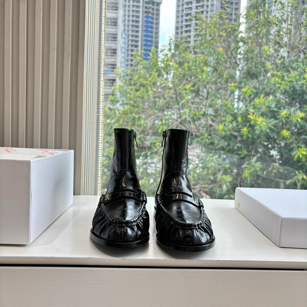 YSL 25S ANKLE FLAT BOOTS IN BLACK EMBOSSED LAMBSKIN WITH SIDE ZIPPER