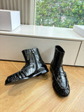 YSL 25S ANKLE FLAT BOOTS IN BLACK EMBOSSED LAMBSKIN WITH SIDE ZIPPER