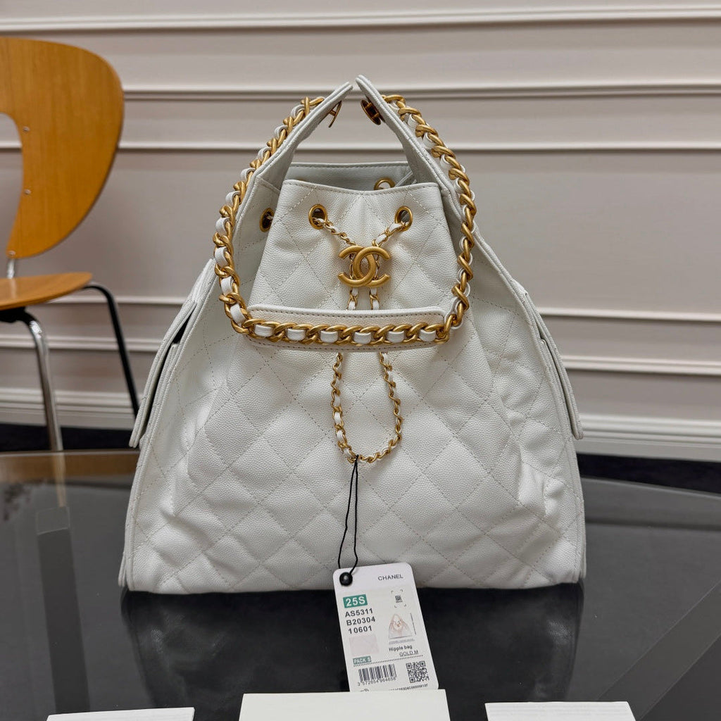 CHANEL 25S HOBO BAG 40 IN WHITE CAVIAR WITH GOLD HARDWARE