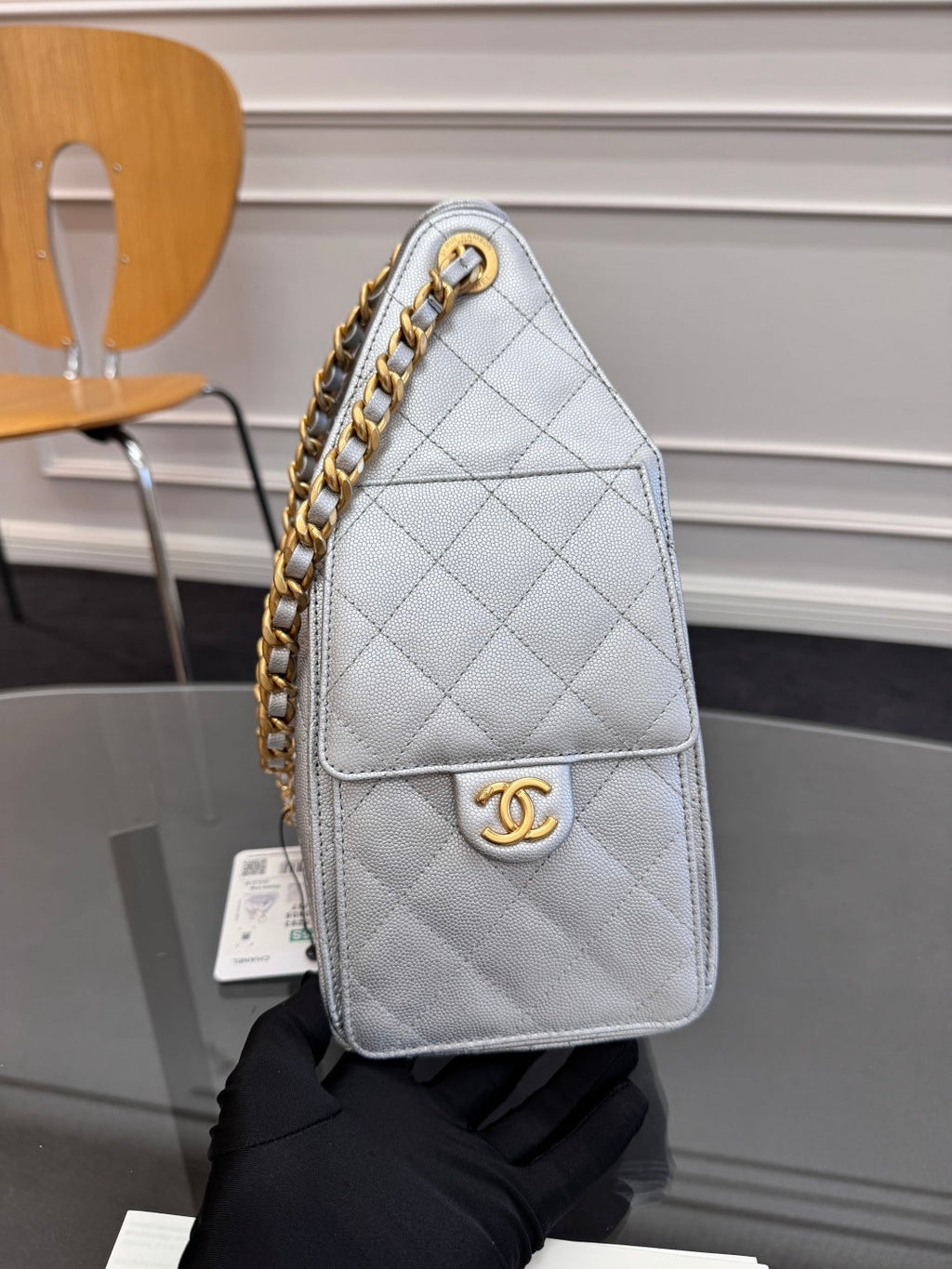 CHANEL 25S HOBO BAG 30 IN SILVER CAVIAR WITH GOLD HARDWARE