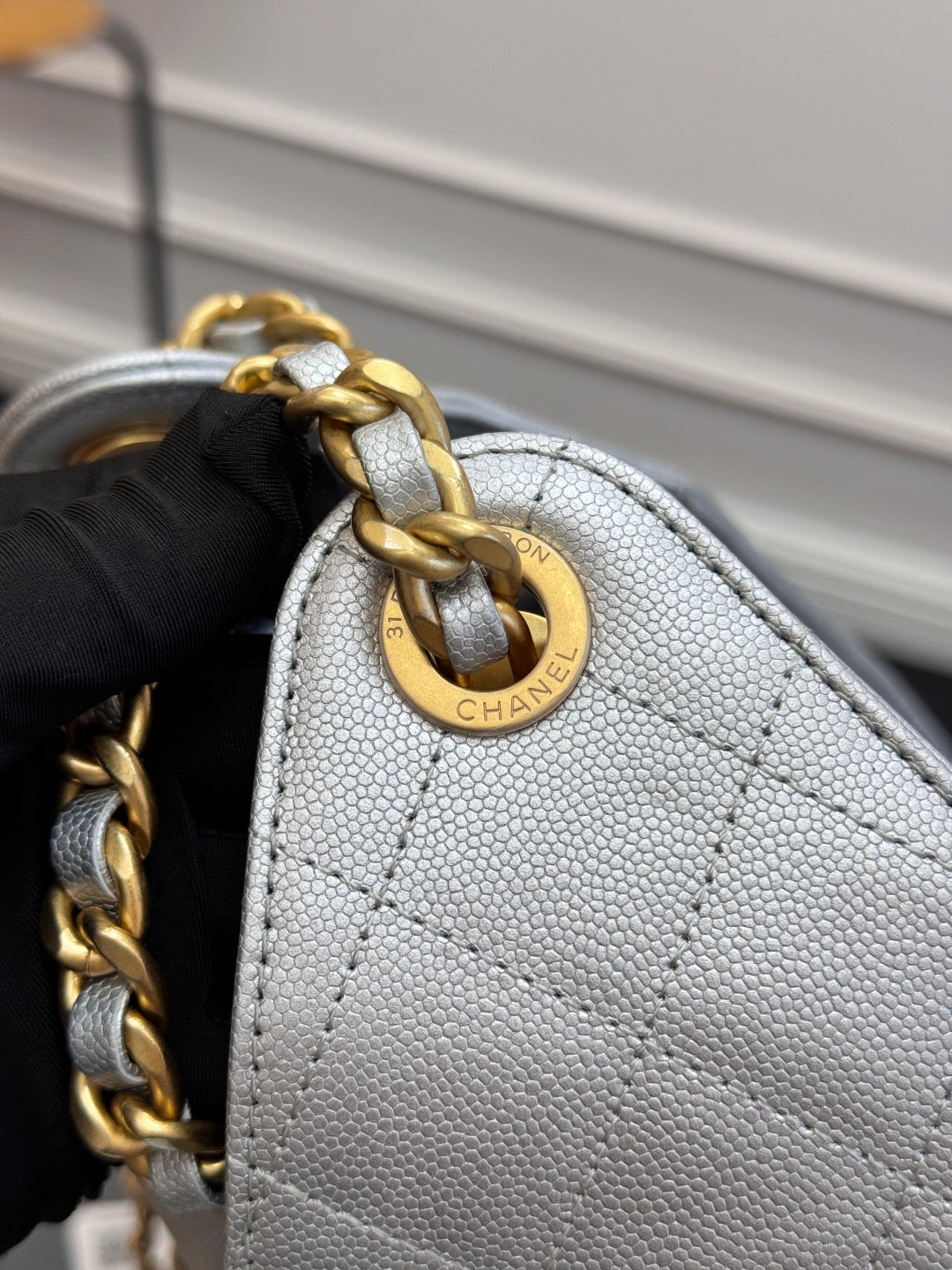 CHANEL 25S HOBO BAG 30 IN SILVER CAVIAR WITH GOLD HARDWARE