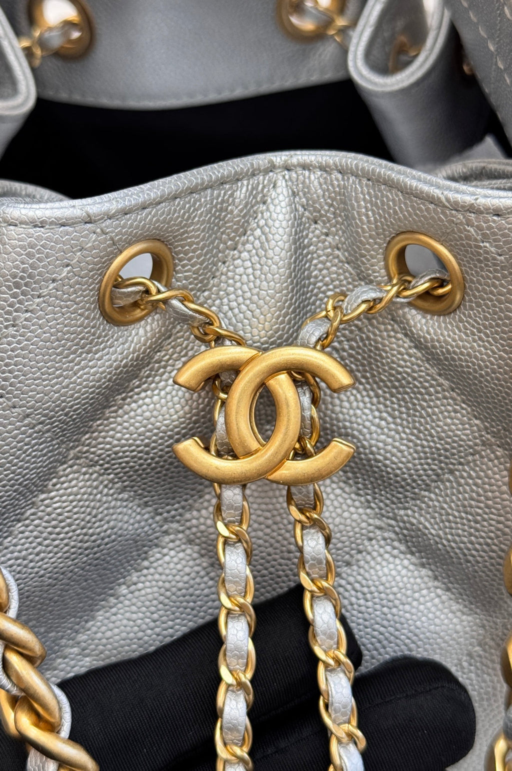 CHANEL 25S HOBO BAG 30 IN SILVER CAVIAR WITH GOLD HARDWARE
