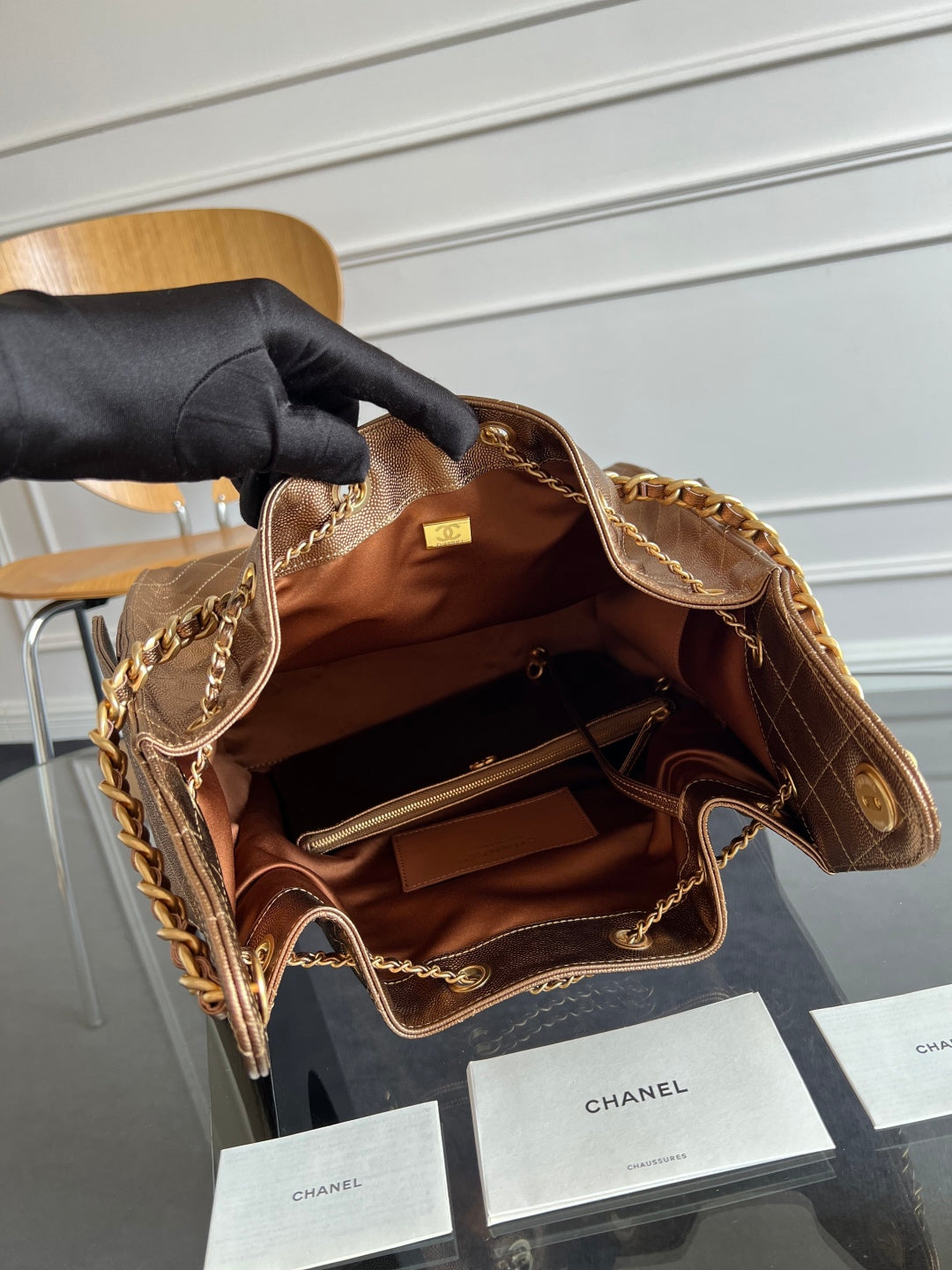 CHANEL 25S HOBO BAG 40 IN METALLIC BROWN CAVIAR WITH GOLD HARDWARE