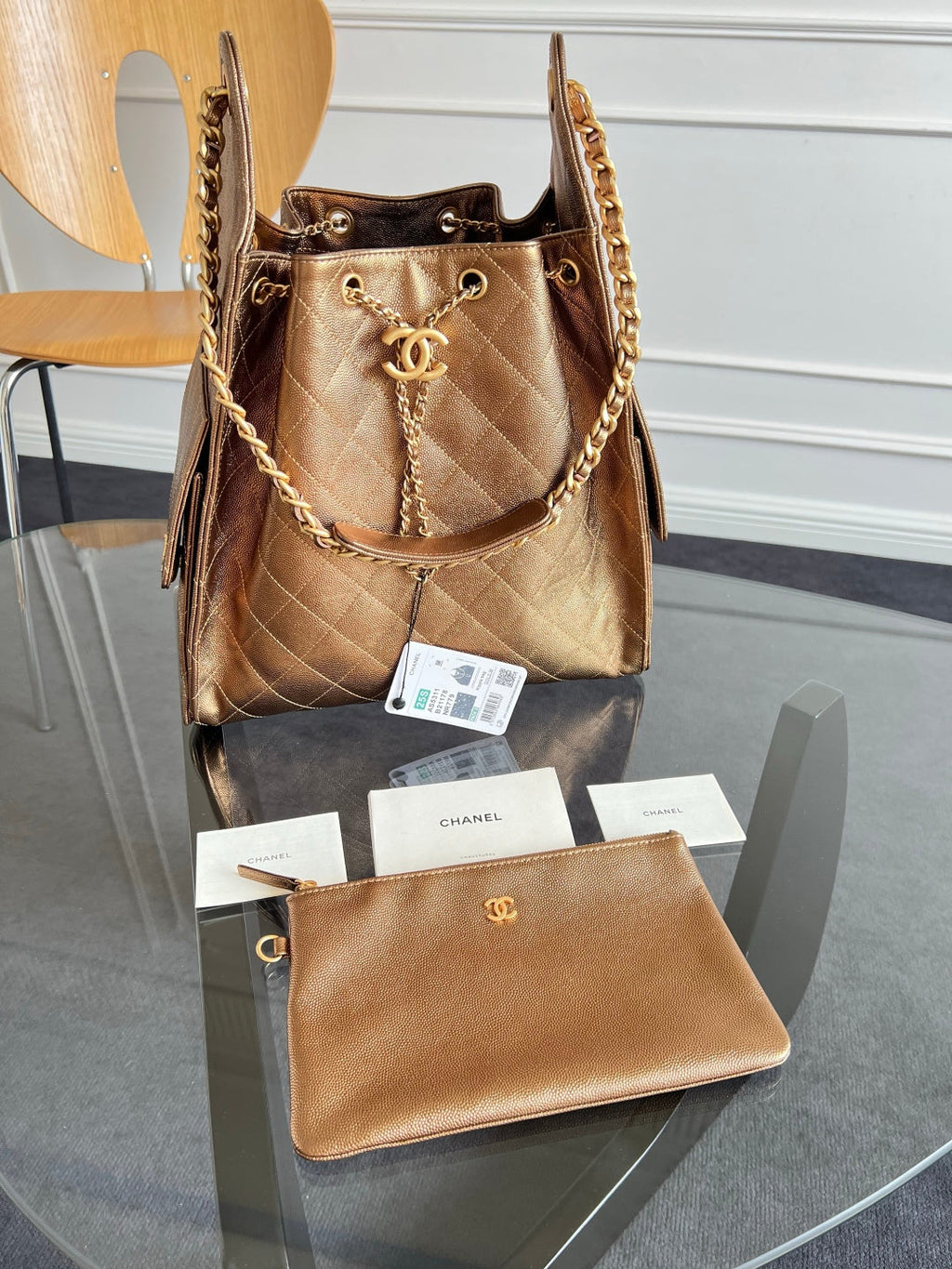 CHANEL 25S HOBO BAG 40 IN METALLIC BROWN CAVIAR WITH GOLD HARDWARE