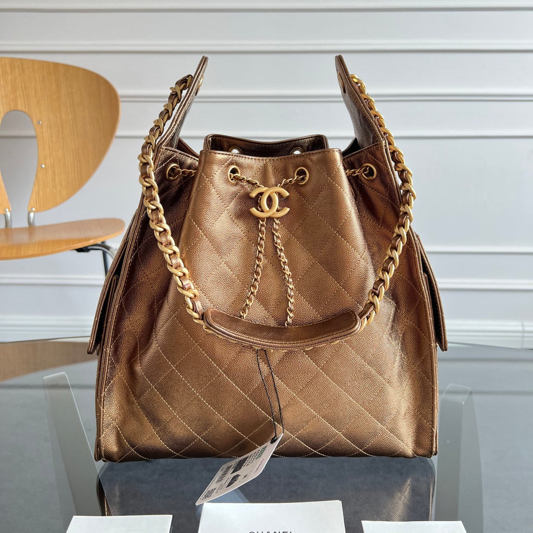 CHANEL 25S HOBO BAG 40 IN METALLIC BROWN CAVIAR WITH GOLD HARDWARE
