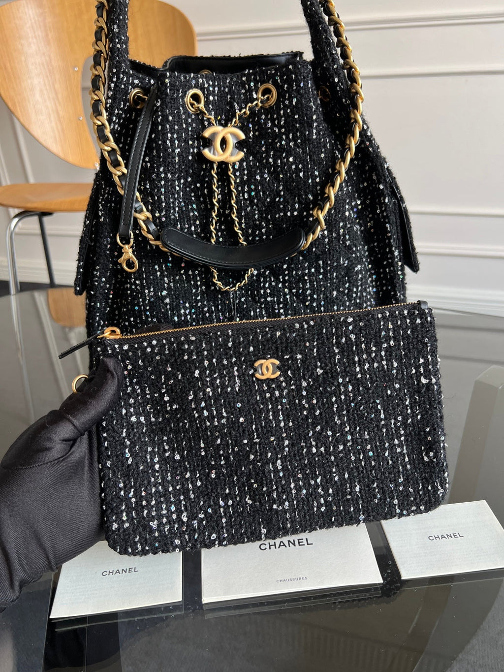 CHANEL 25S HOBO BAG 40 IN BLACK TWEED WITH GOLD HARDWARE