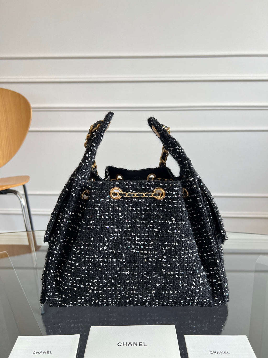 CHANEL 25S HOBO BAG 30 IN BLACK TWEED WITH GOLD HARDWARE