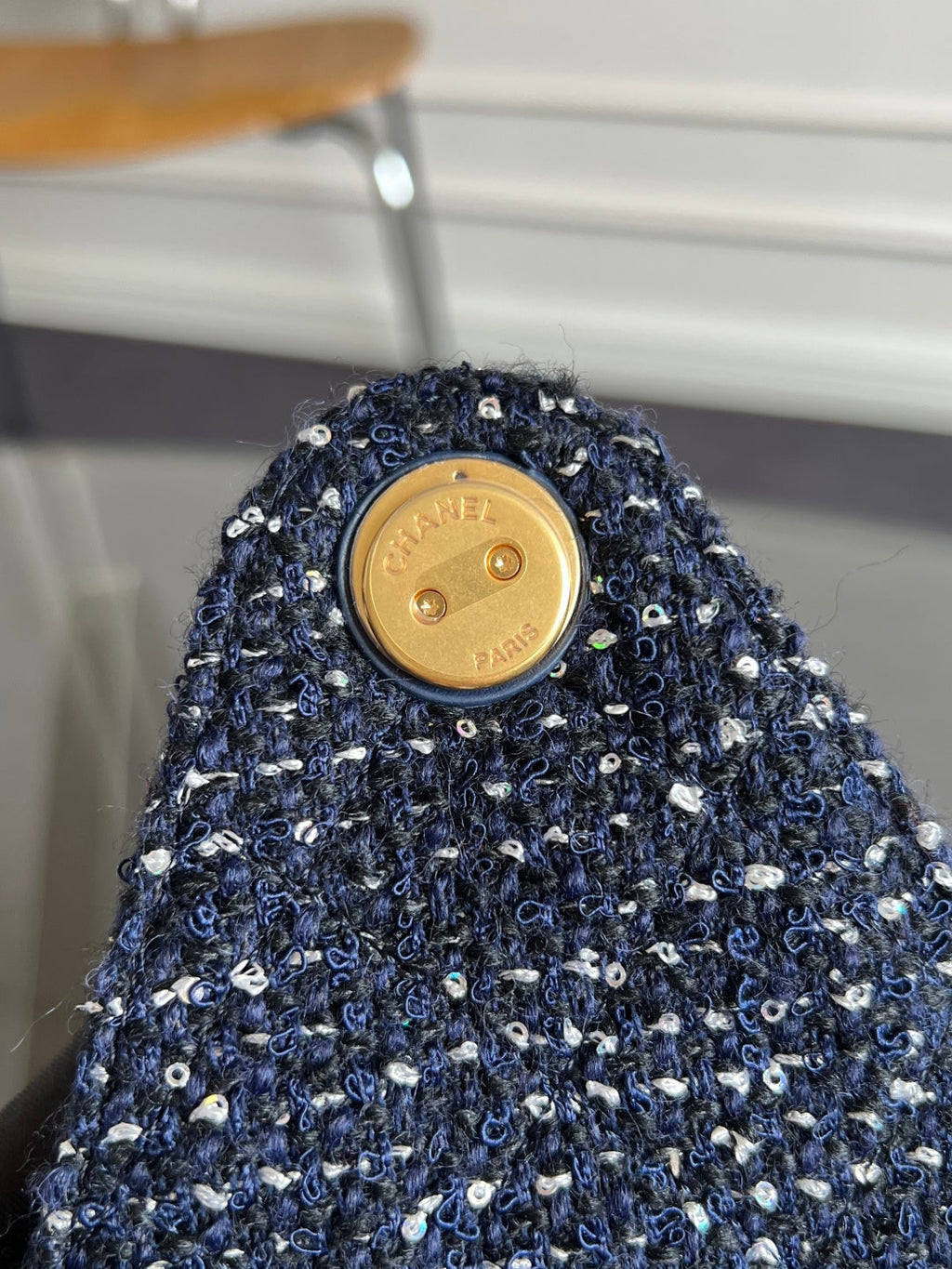 CHANEL 25S HOBO BAG 30 IN NAVY BLUE TWEED WITH GOLD HARDWARE