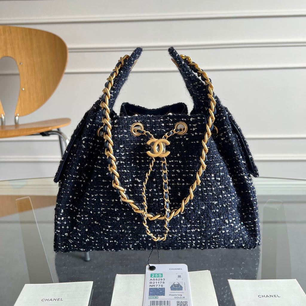 CHANEL 25S HOBO BAG 30 IN NAVY BLUE TWEED WITH GOLD HARDWARE