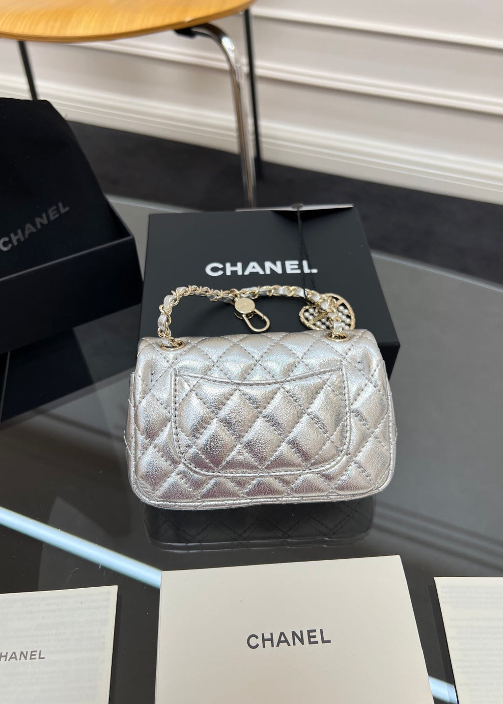 CHANEL 25S FLAP CHARM BAG 13 IN SILVER METALLIC LAMBSKIN