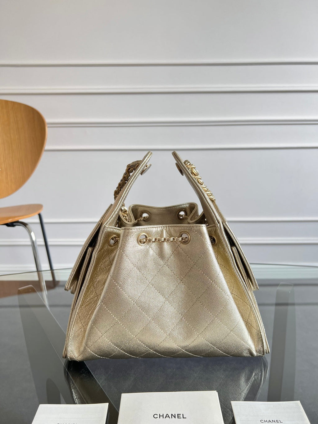 CHANEL 25S HOBO BAG 30 IN LIGHT GOLD METALLIC CAVIAR