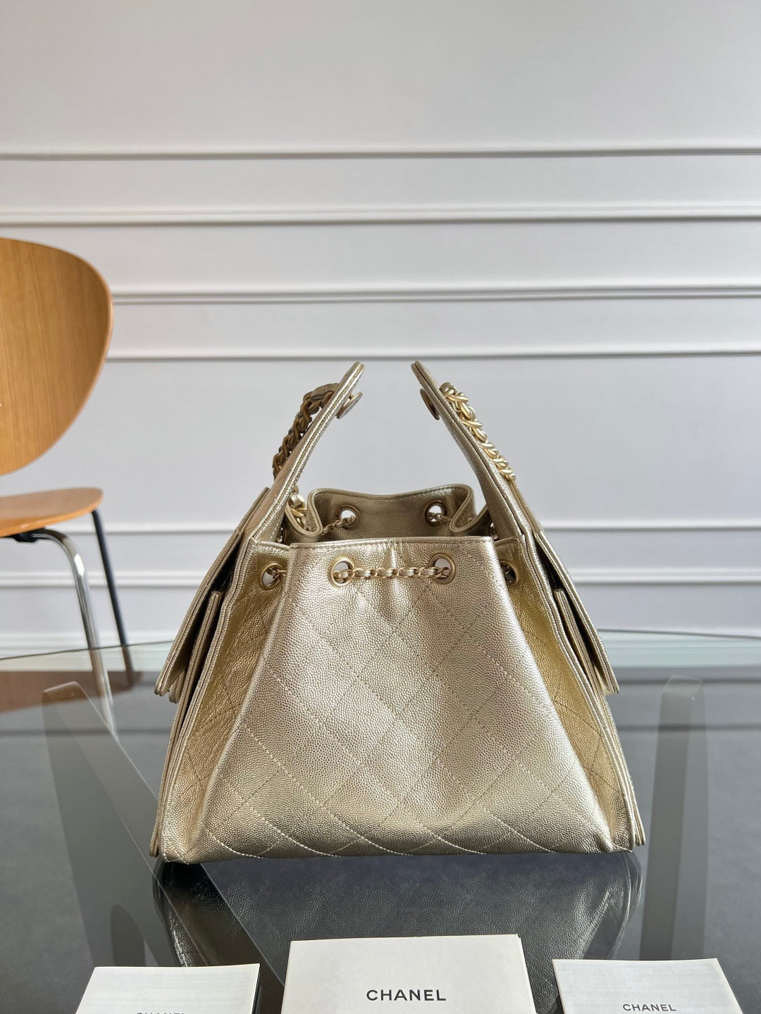 CHANEL 25S HOBO BAG 30 IN LIGHT GOLD METALLIC CAVIAR