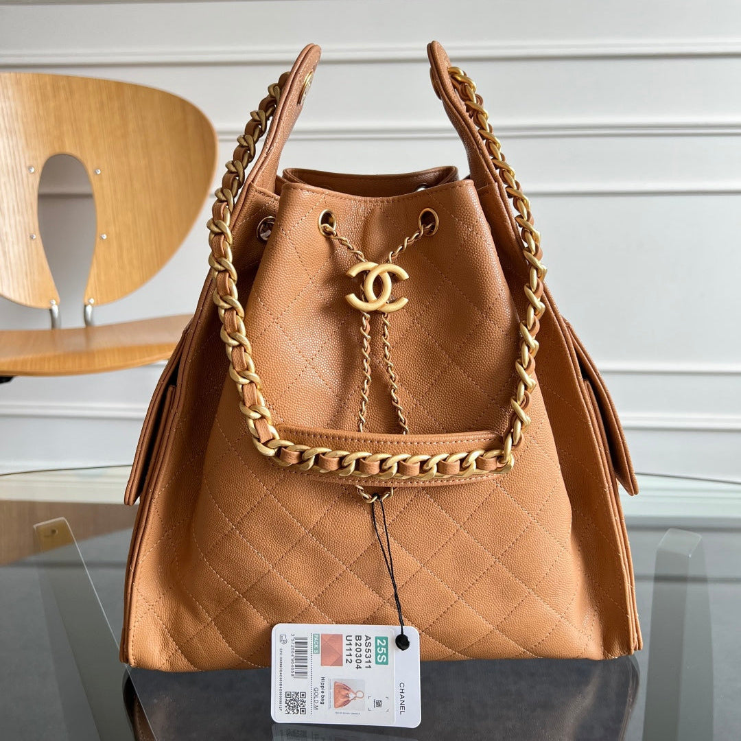 CHANEL 25S HOBO BAG 40 IN CARAMEL BROWN CAVIAR WITH GOLD HARDWARE