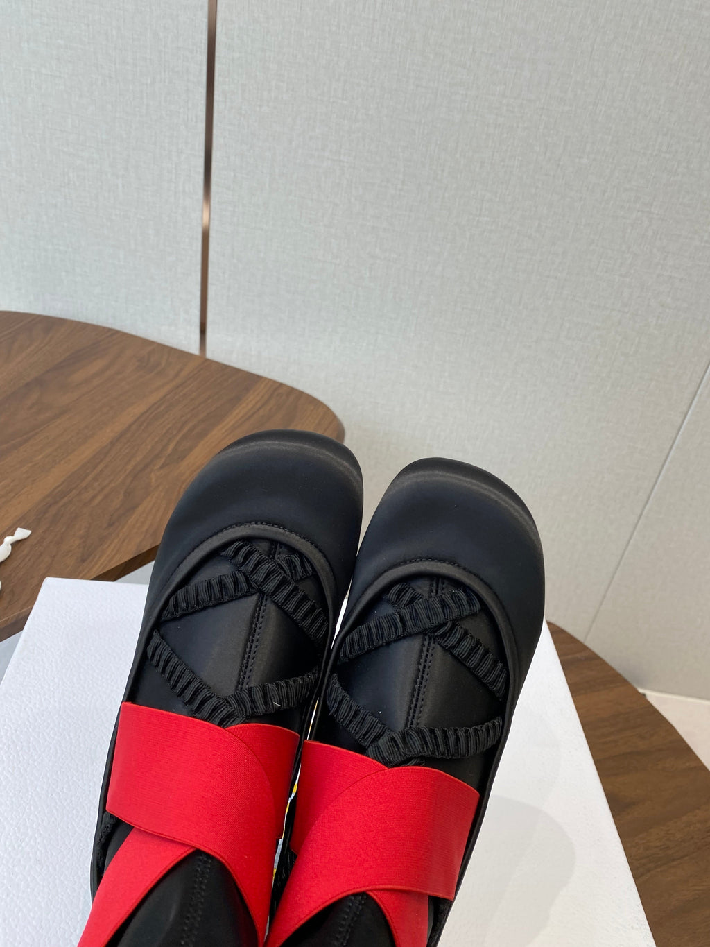 DIOR 25S STRETCH BALLET BOOTS IN BLACK AND RED SATIN