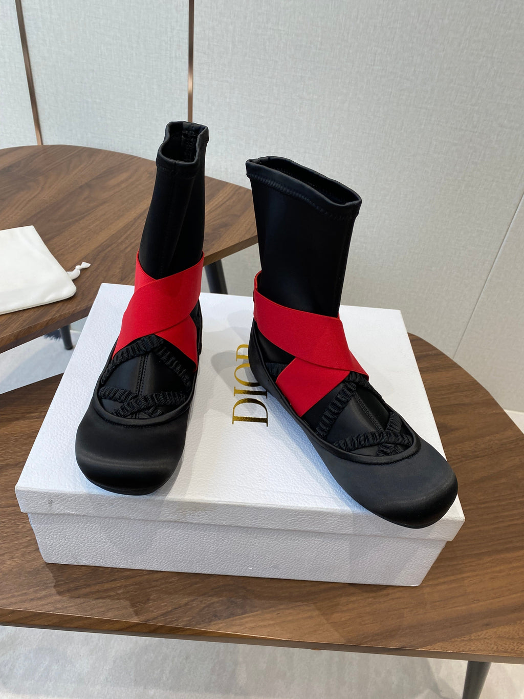 DIOR 25S STRETCH BALLET BOOTS IN BLACK AND RED SATIN