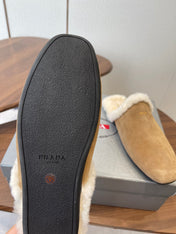 PRADA 25S CLOGS IN LIGHT BROWN SUEDE FUR-LINED