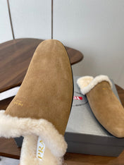 PRADA 25S CLOGS IN LIGHT BROWN SUEDE FUR-LINED