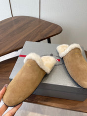 PRADA 25S CLOGS IN LIGHT BROWN SUEDE FUR-LINED